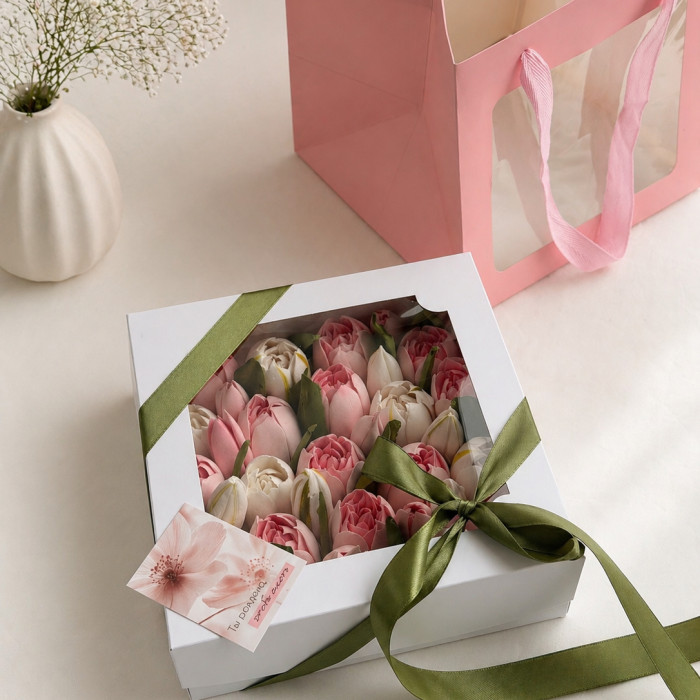 Зефирные тюльпаны в коробочке «Пудровый шёлк» 16×16 (M)